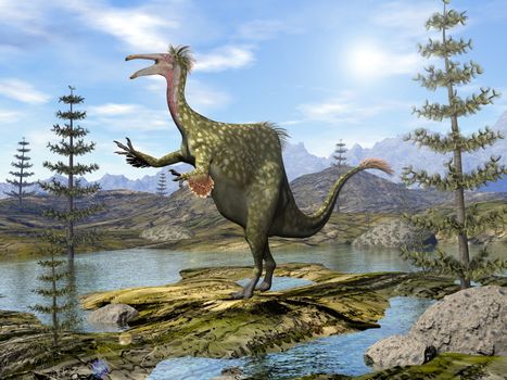 Deinocheirus dinosaur walking among ponds calamites trees by day - 3D render