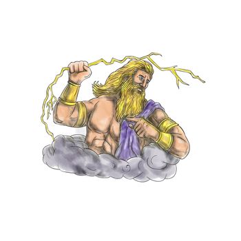Tattoo style illustration of Zeus, Greek god of the sky and ruler of the Olympian gods wielding holding a thunderbolt looking to the side  set on isolated white background.
