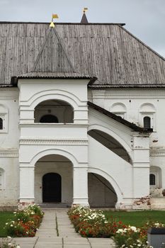 Porch in medieval palace courtyard, old russian architecture