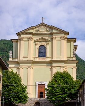 The Santa Maria church facade in Pisogne town,The city is located on Lake Iseo near Brescia,Italy.