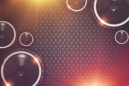 Music Show Background Illustration. Colorful Music Background with Large Bass Speakers and Glowing Lights.