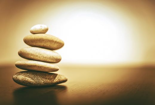 Zen Balance Stones with Copy Space Closeup Photo. Sepia Color Grading.