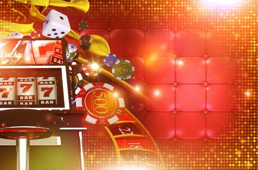 Casino Gambling Background with Right Side Copy Space. 3D Rendered Casino Game Elements. Las Vegas Gambling Concept Backdrop Illustration.