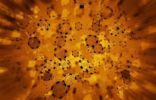Casino Poker Chips Blow Background 3D Rendered Illustration. Dark Golden Poker Chips Backdrop.
