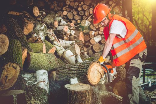 Firewood Logs Preparing. Cutting Wood Logs For Hard Winter Season.