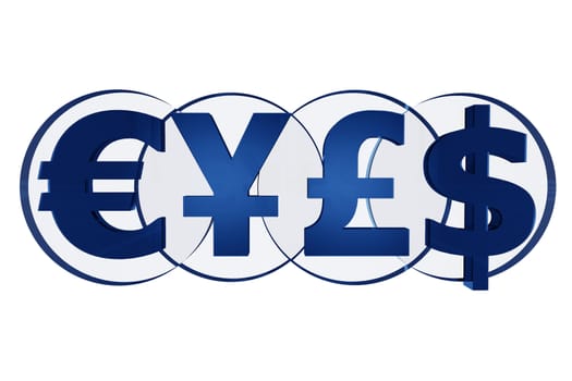 Powerful Currencies Symbols 3D Glassy Blue Illustration Isolated on White.