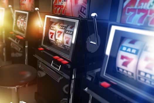 Vegas Casino Slot Machines 3D Render Illustration. One-Armed Bandit Casino Machines. Gambling Concept