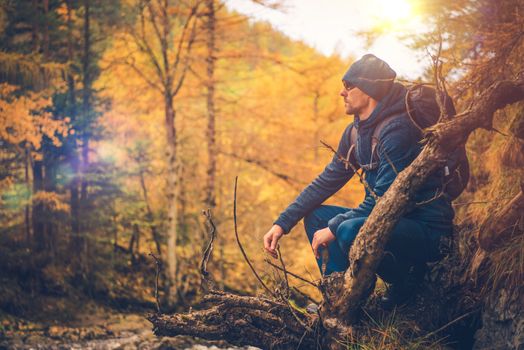 Hiker on the Autumn Foliage Trail. Hiker Enjoying Beautiful Fall Foliage.