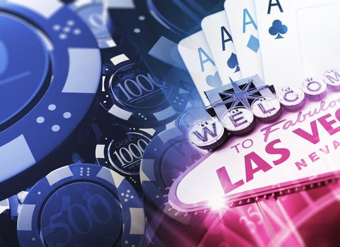 Casino Games Concept 3D Illustration with Famous Las Vegas Sign and Casino Chips.
