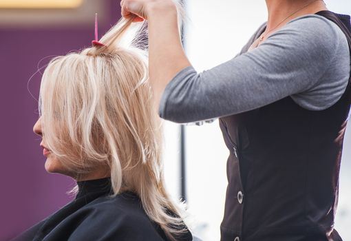 Hair Stylist Hair Cut. Caucasian Blond Hair Woman in the Beauty Salon.