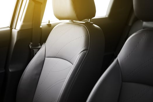 Clean Leather Car Interior Closeup Photo. Modern Vehicle Interior..
