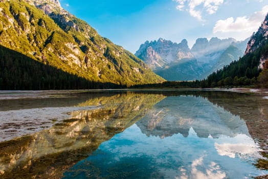 The Dürrensee or Lago di Landro Lake in the Dolomites in South Tyrol, Italy, Europe. Lake Scenery.