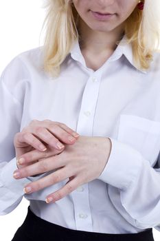 Woman caring for your hands on a white background
