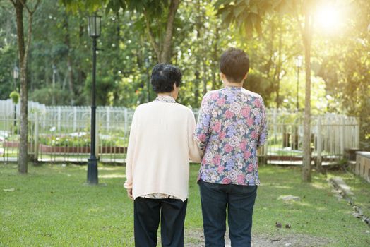 Candid shot of rear view Asian senior adult women holding hands and walking at outdoor park in the morning.