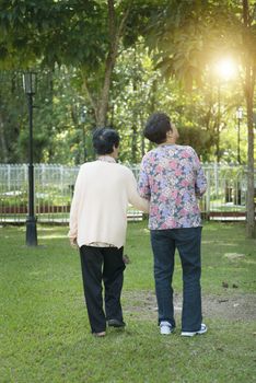 Candid shot of rear view Asian old women holding hands and walking at outdoor park in the morning.