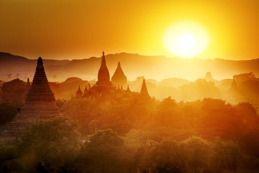 Scenic view of ancient Bagan temple during golden hour 