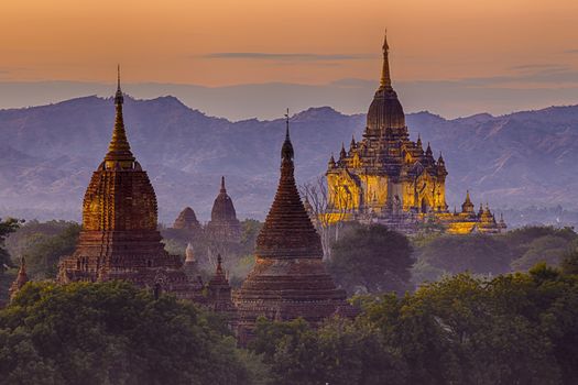 Scenic view of ancient Bagan temple during golden hour 