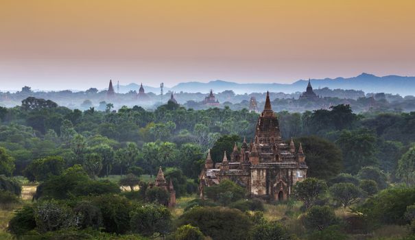 Scenic view of ancient Bagan temple during golden hour 