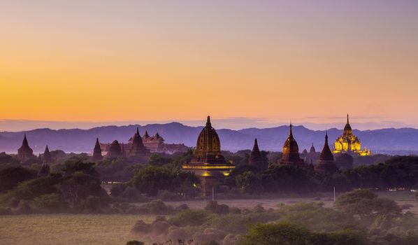 Scenic view of ancient Bagan temple during golden hour 