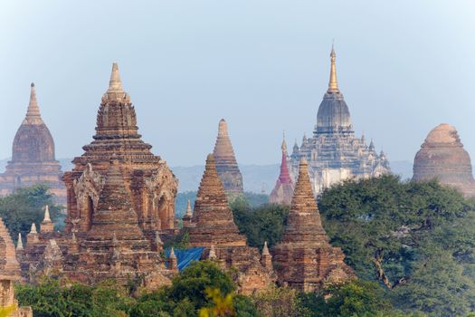 Scenic view of ancient Bagan temple during golden hour 