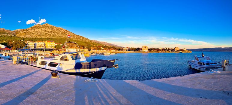 Starigrad Paklenica waterfront at sundown panoramic view, Velebit channel in Croatia