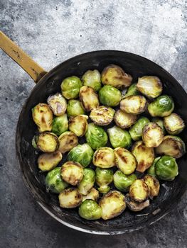 close up of rustic crispy fried brussels sprouts