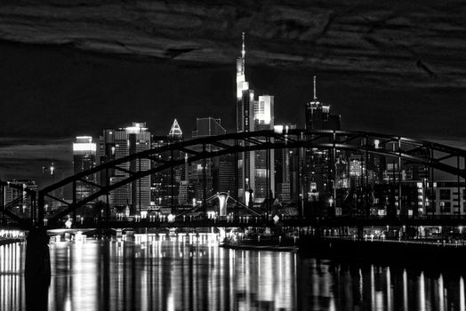 Frankfurt Skyline with river reflections black and white modern