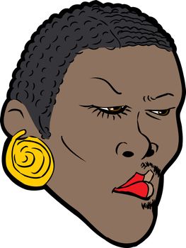 Cartoon face of Black man with half face in makeup over white background
