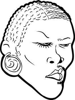 Cartoon outlined face of Black man with half face in makeup over white background