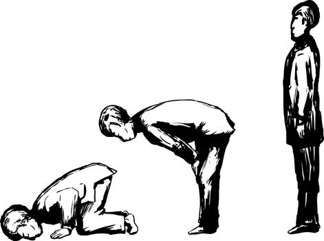 Outlined side view on Muslim man in various Islamic prayer positions