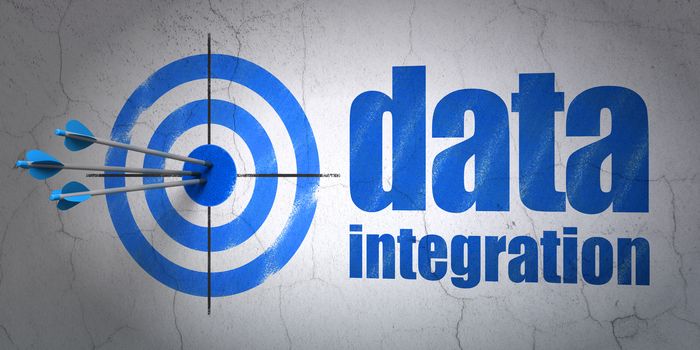 Success Data concept: arrows hitting the center of target, Blue Data Integration on wall background, 3D rendering
