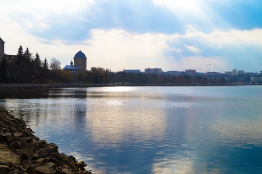 the old Church by the lake city skyline