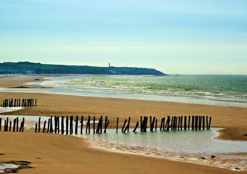 Landscape of French Atlantic Coast with Wooden Breakwaters Outdoors near Sangatte, France 