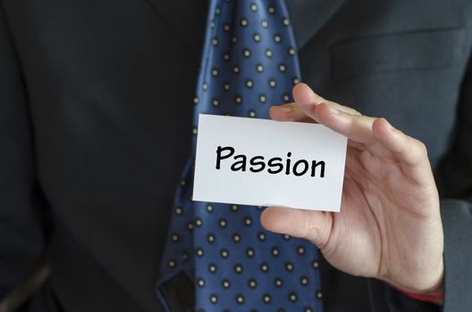 Passion text note concept over business man background