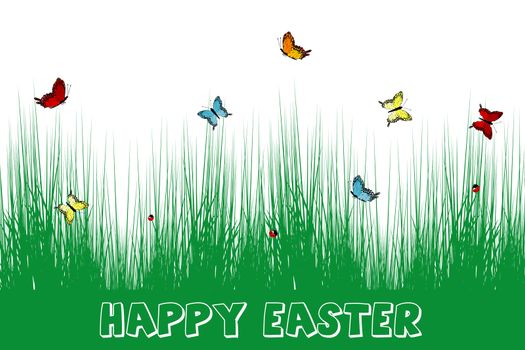 Happy Easter card with grass and butterflies
