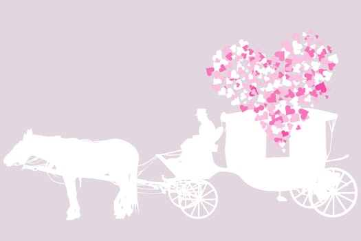 Wedding card with vintage carriage and hearts