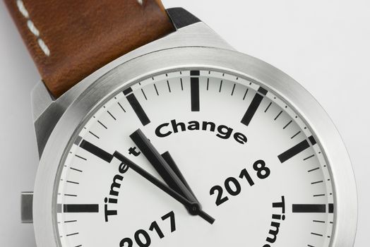 Analog watch with conceptual visualization of the text Time to Change 2017 2018
