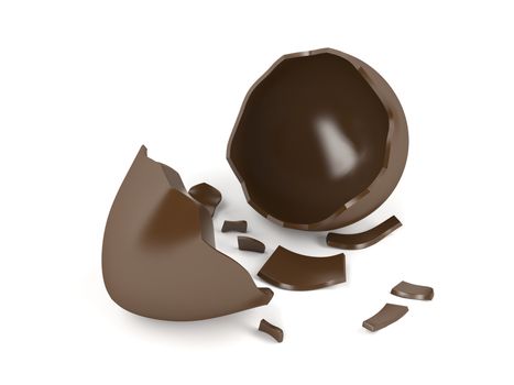 Broken chocolate egg on white background