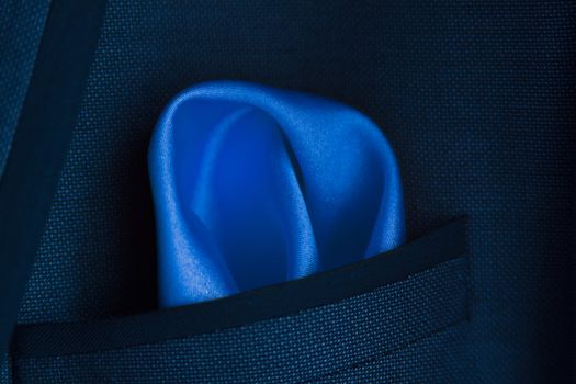 close up of a Blue Handkerchief in jacket pocket