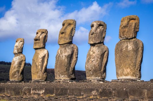 Moais statues, ahu Tongariki, easter island, Chile