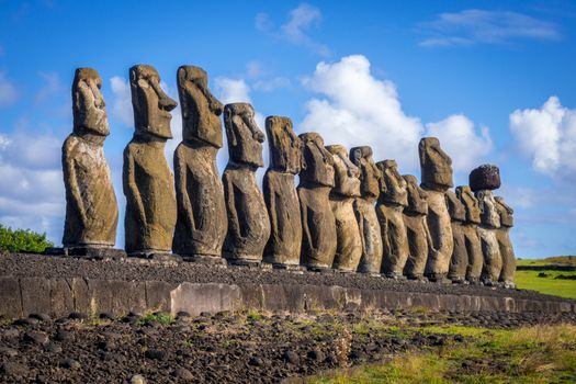 Moais statues, ahu Tongariki, easter island, Chile