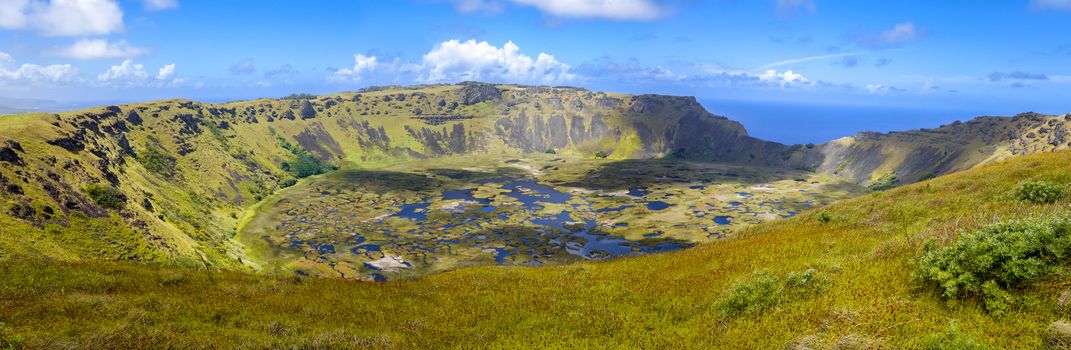 Rano Kau volcano crater in Easter Island panoramic view, Chile