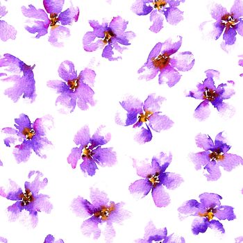 Seamless pattern with violet flowers. Hand painted background. Watercolor illustration.