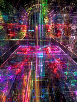 Magical, fantastic or technology background: an unusual colored glass arch. Abstract digitally generated image. Vertical composition. For covers, web design, posters.