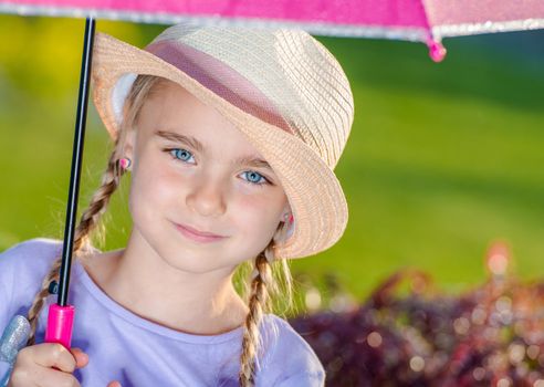 Girl in Rainy Summer Day. Happy Caucasian Girl Under Umbrella