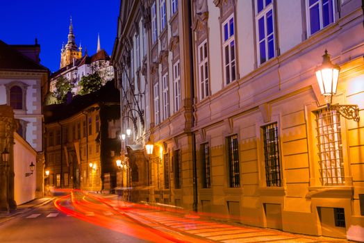 Prague Old Town Street with Illuminated Prague Castle Prazsky Hrad. 