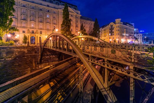 Vienna Austria Architecture at Night. City Train Bridge and the Canal.