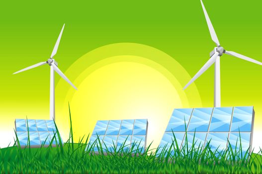 Green Power - Green Energy Illustration. Green Sky, Solar Panels and Wind Turbines on the Green Grassy Field.