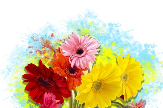 Flowers Art - Colorful Flowers Bucket on the Blue Paint Grunge. Floral Design