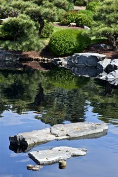 Small Garden Pond with Rocks and Japanese Garden. Vertical Garden Photography